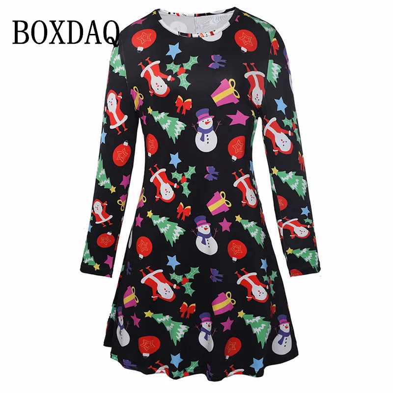 

Женское винтажное платье с длинным рукавом, повседневное элегантное платье с милым мультяшным принтом Санта-Клауса для рождевечерние