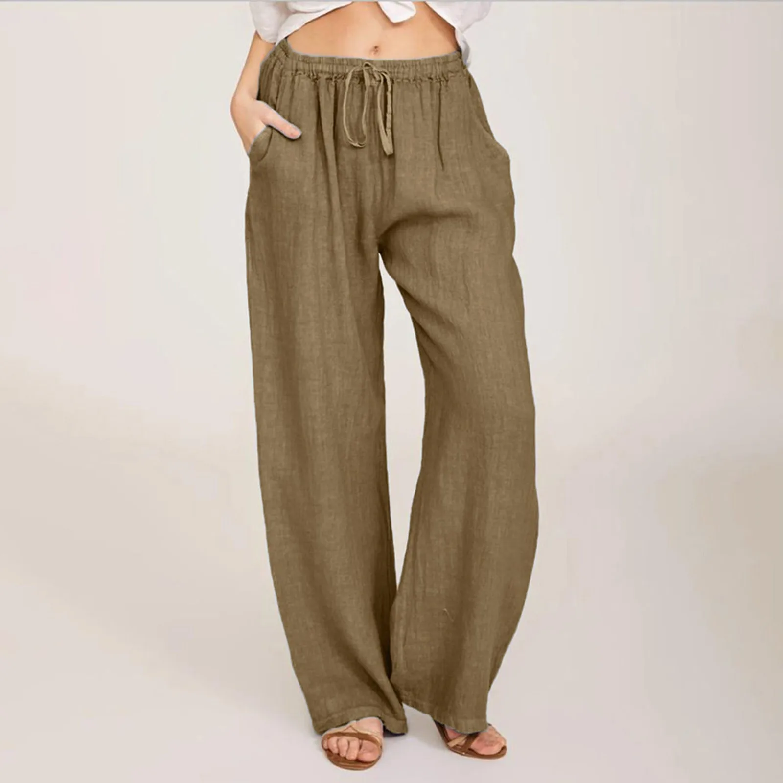 Women's Solid Drawstring Cotton linen Pants 2023 New Casual Loose Wide Leg Trousers Retro Straight Long Pants Streetwear