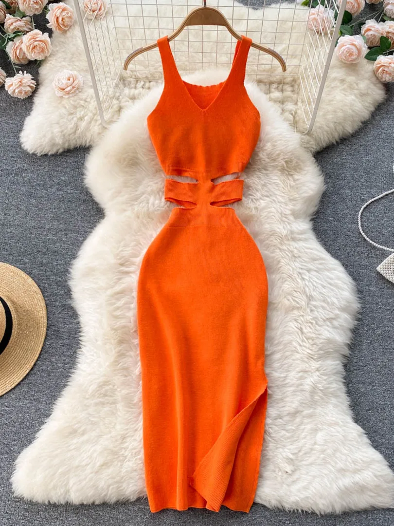 

Sexy V-neck Spaghetti Strap Knit Bodycon Dress Women Fashion Summer Sleeveless Cutout Waist Midi Club Party Dress Robe Vestidos