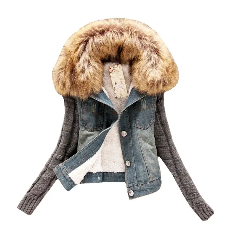 UHYTGF Spring Autumn Clothes Denim Jacket Women Tops Fur collar Hooded Denim Jacket Fleece Jeans Jacket Women Chaqueta Mujer 438