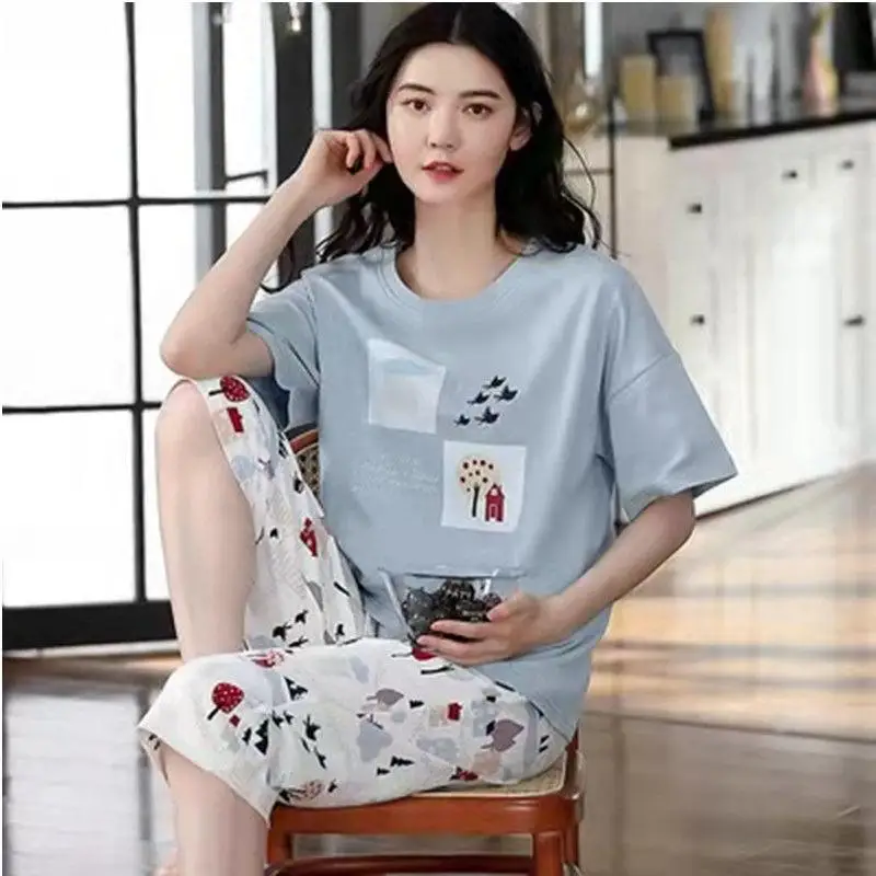 SUO&CHAO Summer New Pajamas Set For Women Sleep Wear Short Sleeve Round Neck Tops Capri Pants Pyjama Sleepwear Homewear