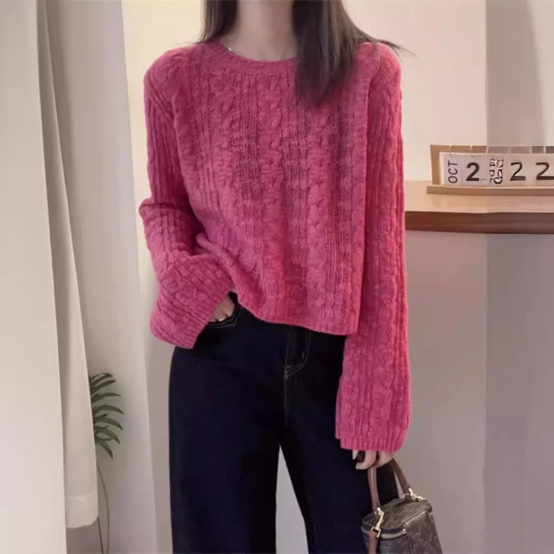 Весенне-осенний новый однотонный модный свитер с круглым вырезом и длинными