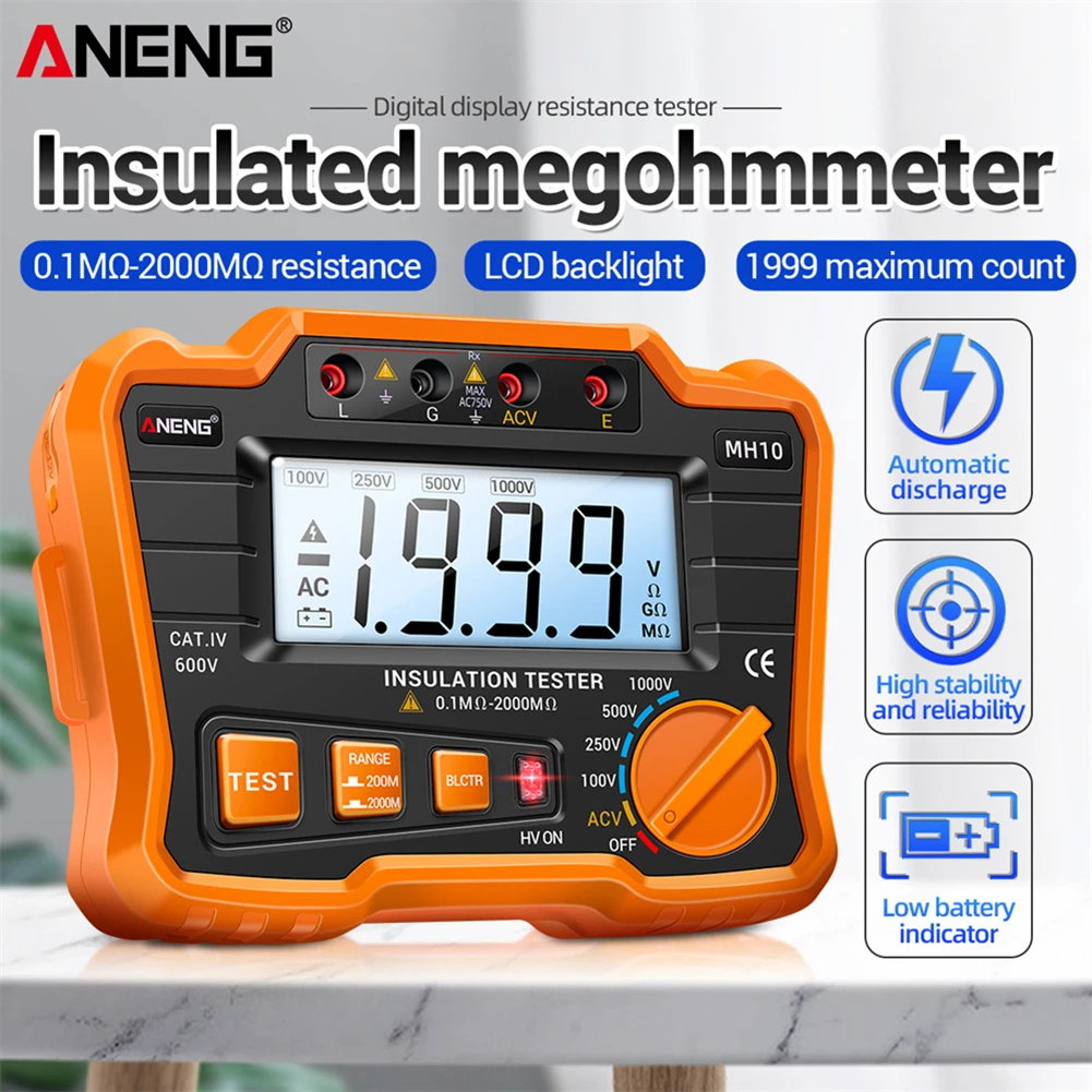 

MH10 Digital Megohmmeter Megger Meter Insulation Earth Ground Resistance 100-1000V Ohm Voltage Tester 2022 New Dropship