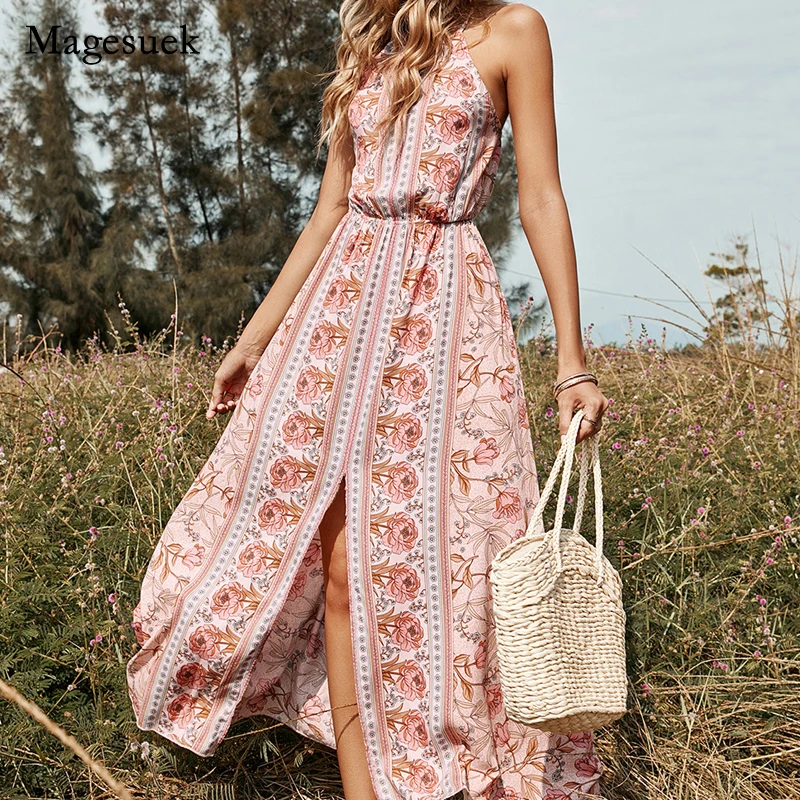 

Женское платье с открытыми плечами, розовое длинное платье без рукавов с принтом в богемном стиле, весна-лето 18455