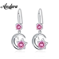 925 sterling silver earrings cute star moon sweet pink zircon earrings for women wedding jewelry gift party