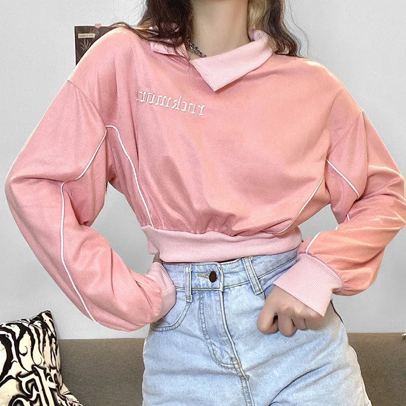 

2021 Fall Winter Women New Solid Color High Waist Hoodies Sweatshirt Loose Fashion Letter Embroidery Long-sleeved Pink Pullover