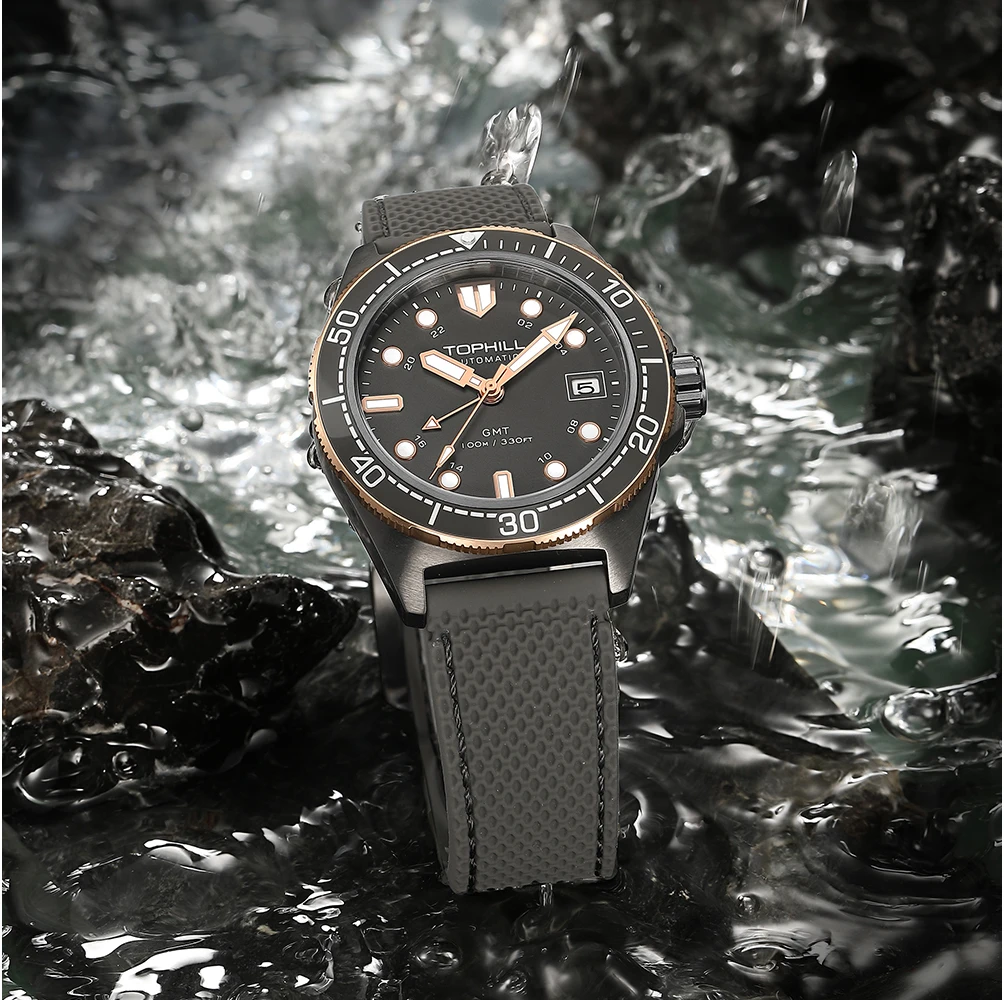 Фото Часы TOPHILL GMT, светящиеся часы с автоподзаводом, 100 м, водонепроницаемое сапфировое стекло №2