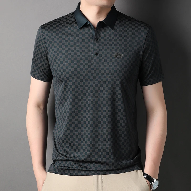 

High Elasticity Seamless Polo Shirts Men Short Sleeve Classic Plaid Shirt Slim Casual POLO Business Social Polos Lapel Tee Tops