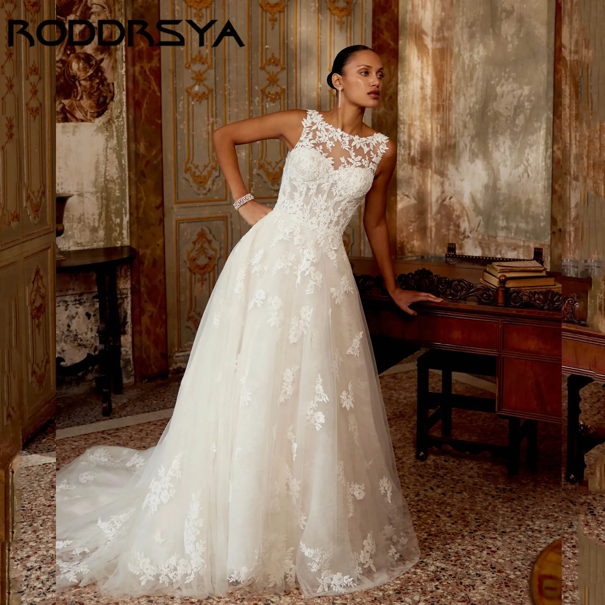 Фото RODDRSY Роскошные свадебные платья из тюля с аппликацией, классическое свадебное платье трапециевидной формы без рукавов с круглым вырезом и открытой спиной, платья de novia по индивидуальному заказу №2