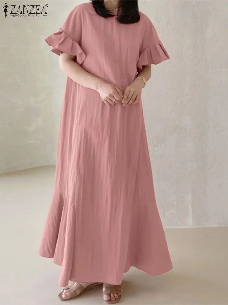 

Платье ZANZEA женское с оборками на подоле, Однотонный сарафан с коротким рукавом и круглым вырезом, винтажный повседневный элегантный праздн...