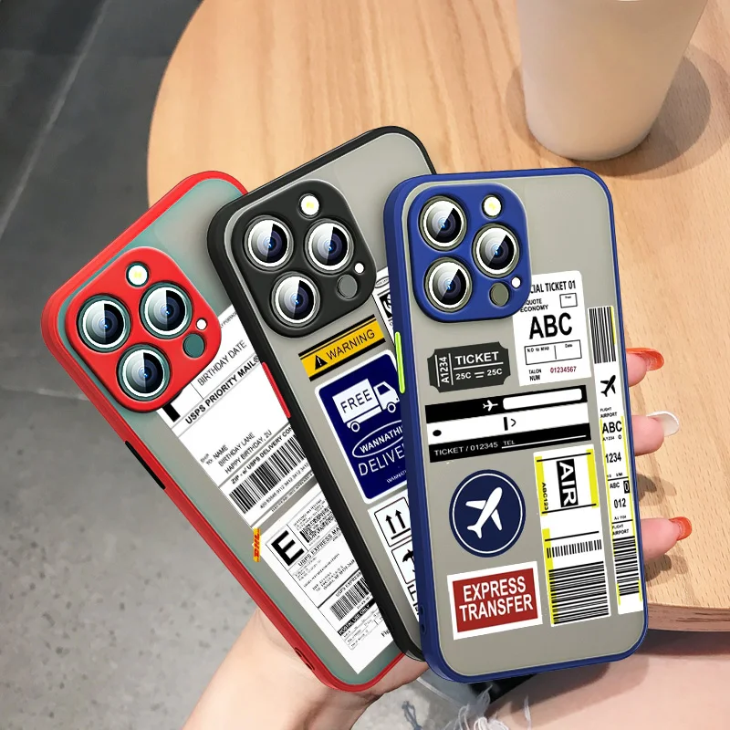 

Airplane transportation label For Apple iPhone 13 12 11 Mini XS XR X Pro MAX 8 7 Plus Frosted Translucent Funda Capa Phone Case