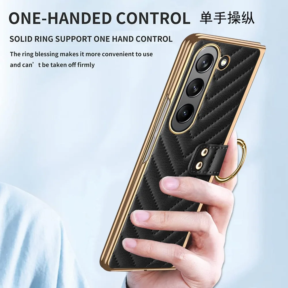 Фото Роскошный кожаный чехол в клетку для Samsung Z Fold 4, противоударный чехол из закаленного стекла с кольцом для Samsung Z Fold 5, чехол №3