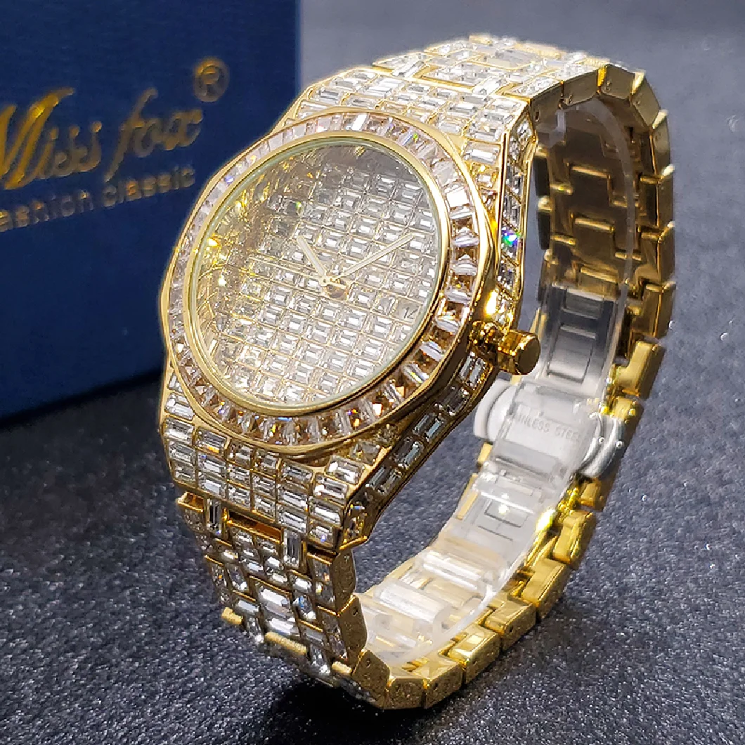 

Men Watches MISSFOX Luxury Brand Baguette Drop Iced Diamond Watch With 18K Gold Plate Waterproof Hand Clock Male Dropshipping