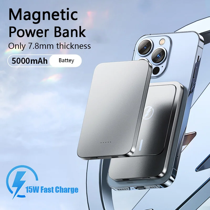 Тонкий магнитный беспроводной внешний аккумулятор 20 Вт 5000 мАч портативный для