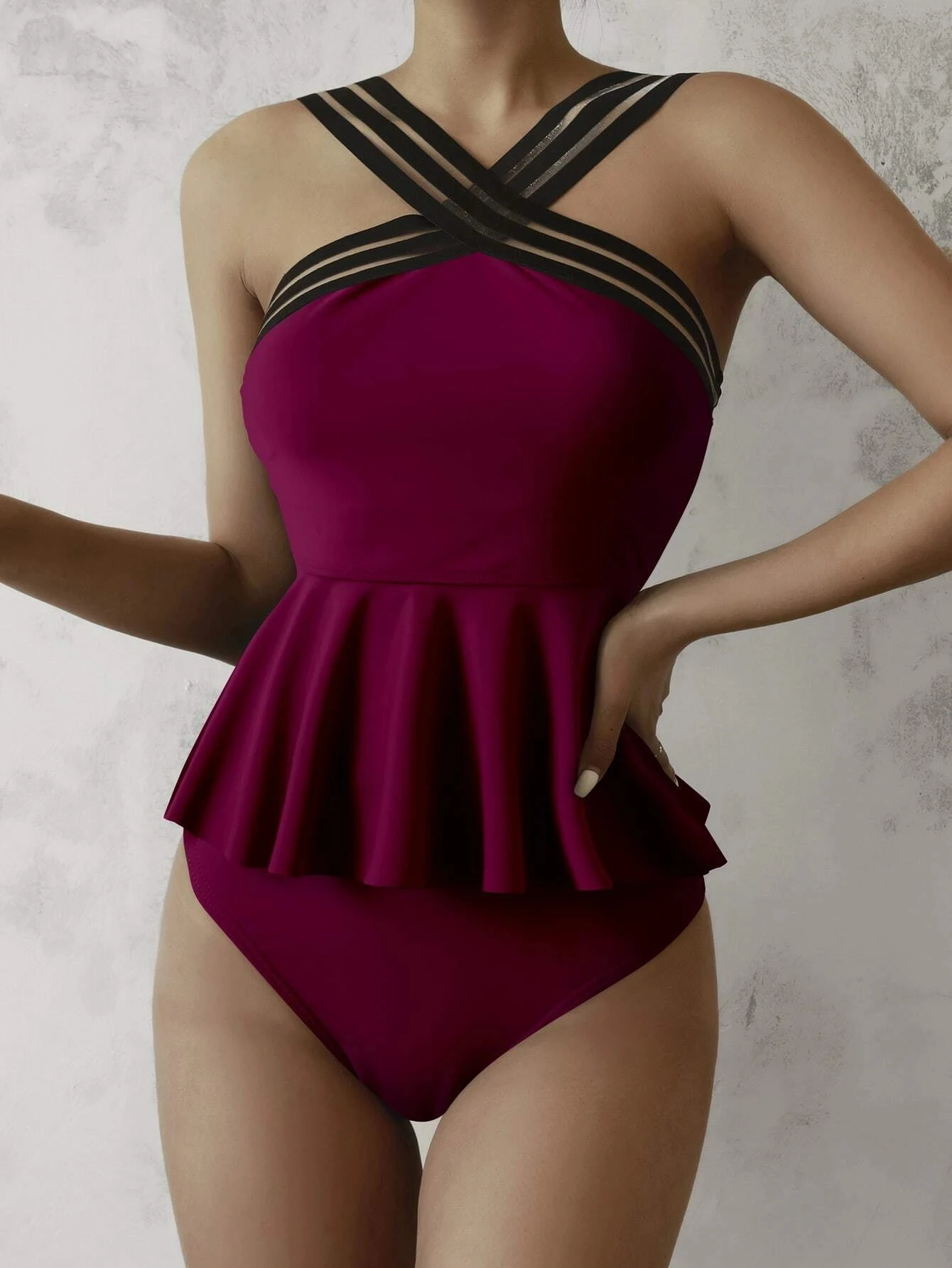 Faskob Two Piece Tankini Solid Color Sheer Necktie Maxi Dress Women Swimwear Bikini Set Summer Beach Vintage Bathing Suit