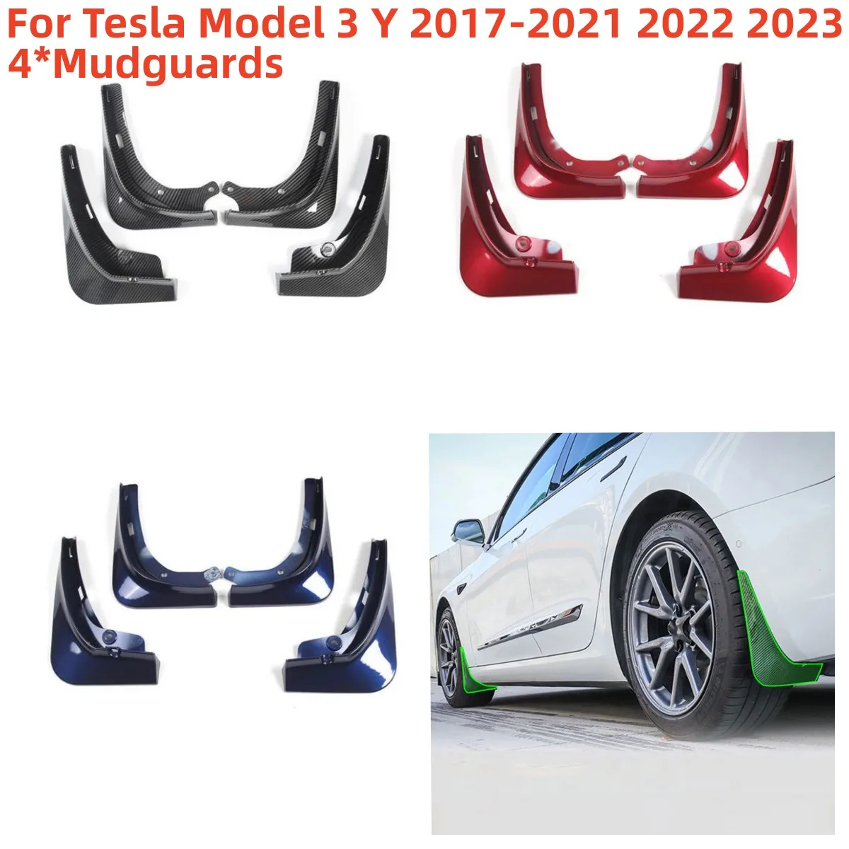 

4Pcs/Set Mud Flaps Mudguards For Tesla Model 3 Y 2017-2023 Plastic Splash Guards PP+TPO Plastic Black,Red, Gray Car Mudguards