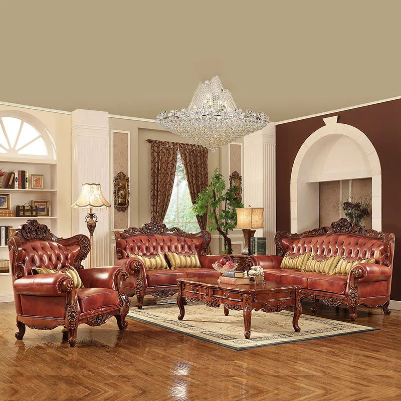 

Loveseat SOFA American Style country leather first floor sofa European style solid wood apartment living room single sofa
