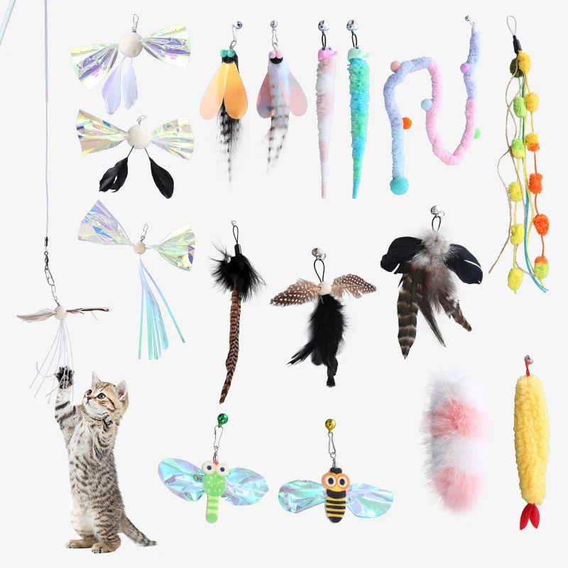 

Pet Cat Tease Cat Stick Feather Toy With Bell Cat Teaser Stick Replacement Head Insect Bird Shape Interactive Play Pet Supplies