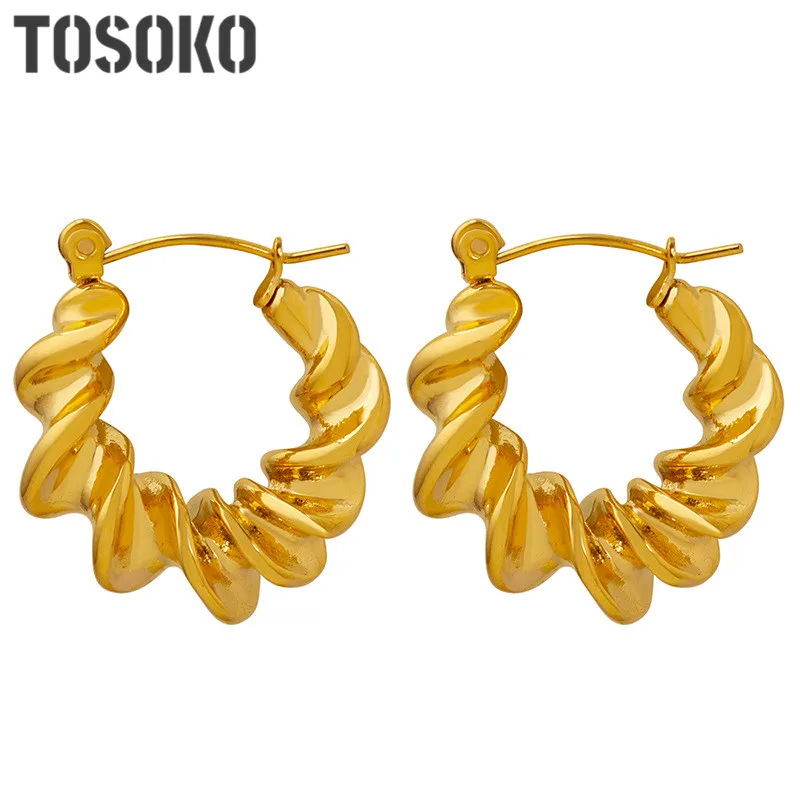 

TOSOKO Stainless Steel Jewelry Fried Dough Twist Kink C-Shaped Earrings Women's Fashion Earrings BSF696