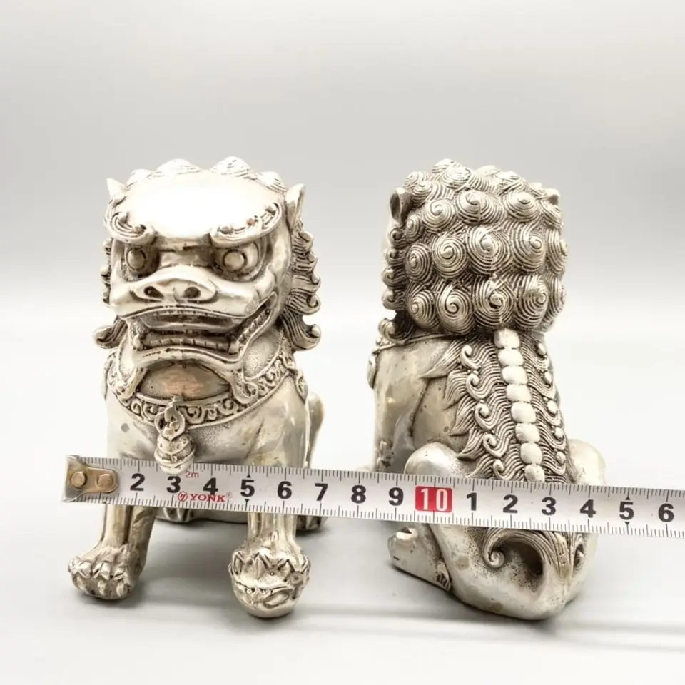 Китайская старая тибетская Серебряная резная пара собака Лев статуя - купить по