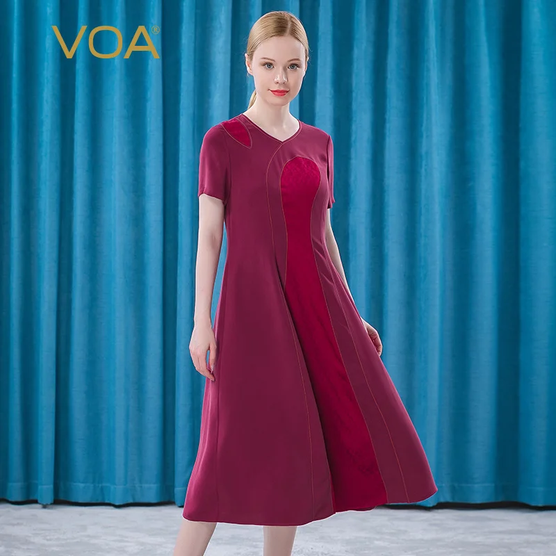 

VOA Heavyweight Silk 30m/m Agate Red V-neck Short Sleeve Asymmetric Jacquard Stitching Waist Yellow Line Decorative Dress AE537