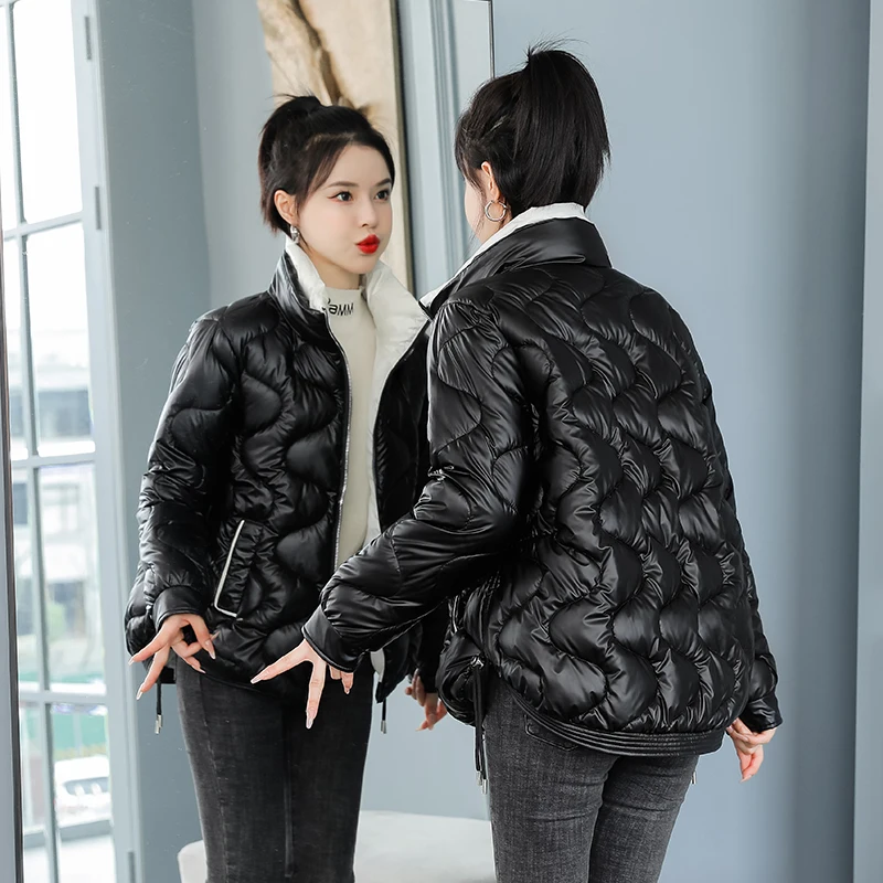 Women Jacket 2022 New Winter Parkas Female Glossy Down Cotton Jackets Stand Collar Casual Warm Parka Short Coat Female Outwear