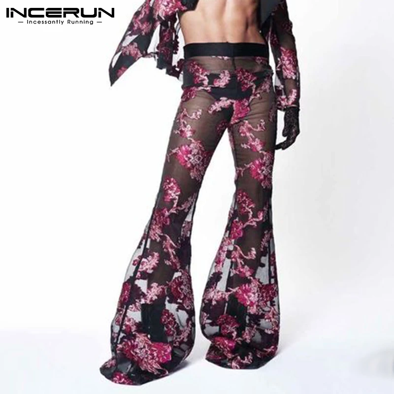 

Fashion Casual Style New Men's Sexy All-match See-though Trousers Fashion Male Lace Jacquard Flared Long Pant S-5XL INCERUN 2022