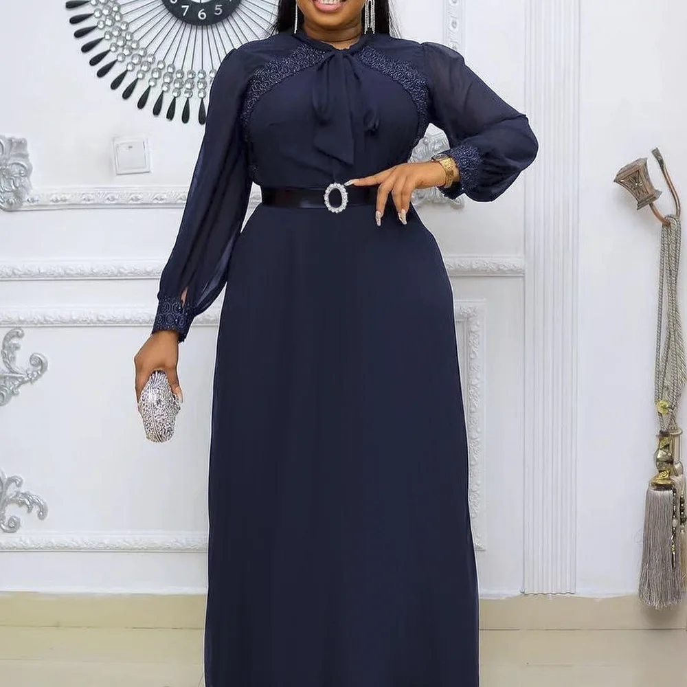 

African Clothes 2022 Summer Elegent African Women Long Sleeve O-neck White Pink Polyester Long Dress African Dresses for Women
