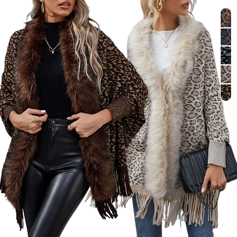 

Womens Houndstooth Print Fluff Collar Cloak Knitted Capes Shawl Tassel Open Loose Fit Cardigans for Women