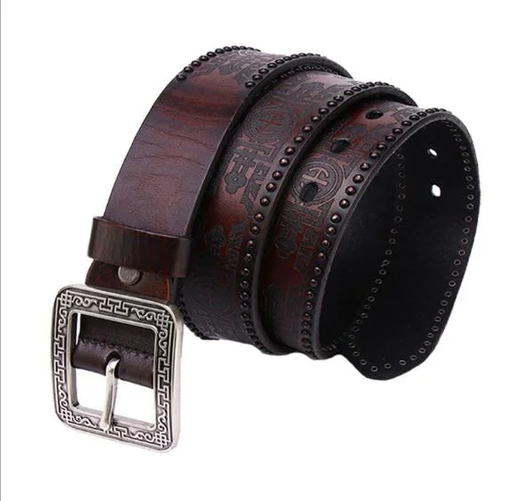 

YR!Free shipping.Wholesales.quality tanned cowhide leather belt.vintage brown genuine leather belt.retro rivets style.