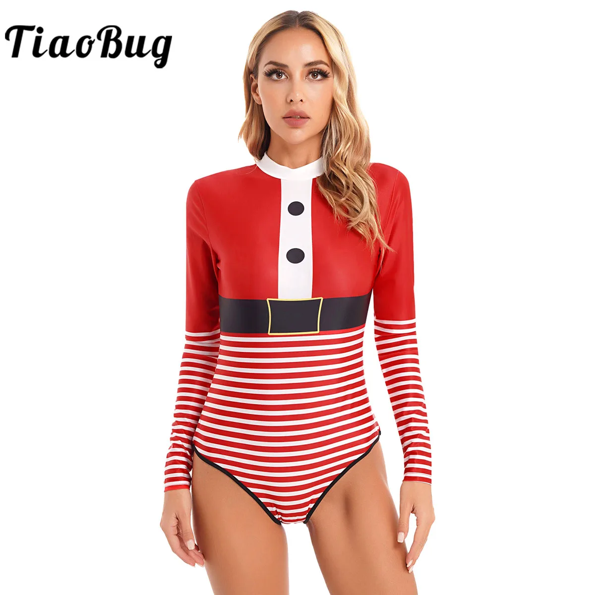 

Women Christmas Candy Cane Ballet Gymnastics Leotard Bodysuit Long Sleeves One-Piece Mrs Claus Santa Cosplay Jumpsuit Dancewear