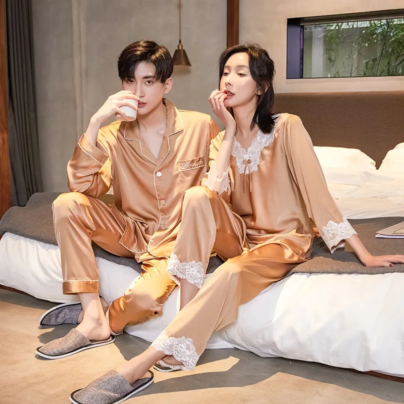 New Couple Pajamas Satin Chiffon Silk Men's Cardigan Women's Pullover Home Furnishing Long Sleeve Korean Edition Solid Color Set