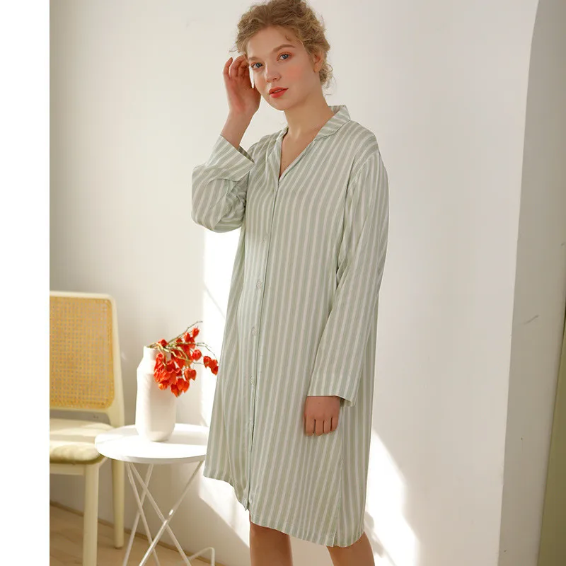 

2022 Women Long Sleeve Striped Satin Drill Nightgowns Summer Turn-Down Collar Short Style Cardigan Night Dress Sleeping Shirt