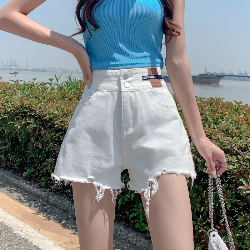 High waisted denim shorts for women's summer 2023 new Korean version A-line loose fitting and slim slim with a raw edge hot pant