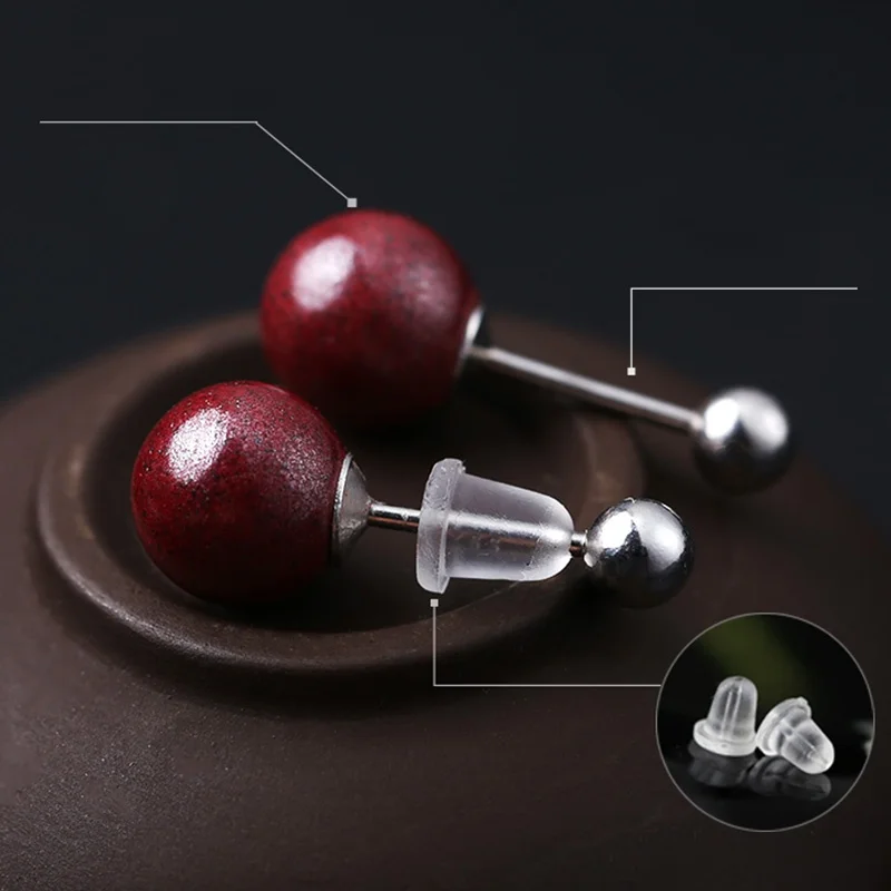 Raw Ore Cinnabar Ear Studs Women Plug-Free Screw S925 Silver Needle Plug Temperament Pure Earrings Xuanyu Earr...