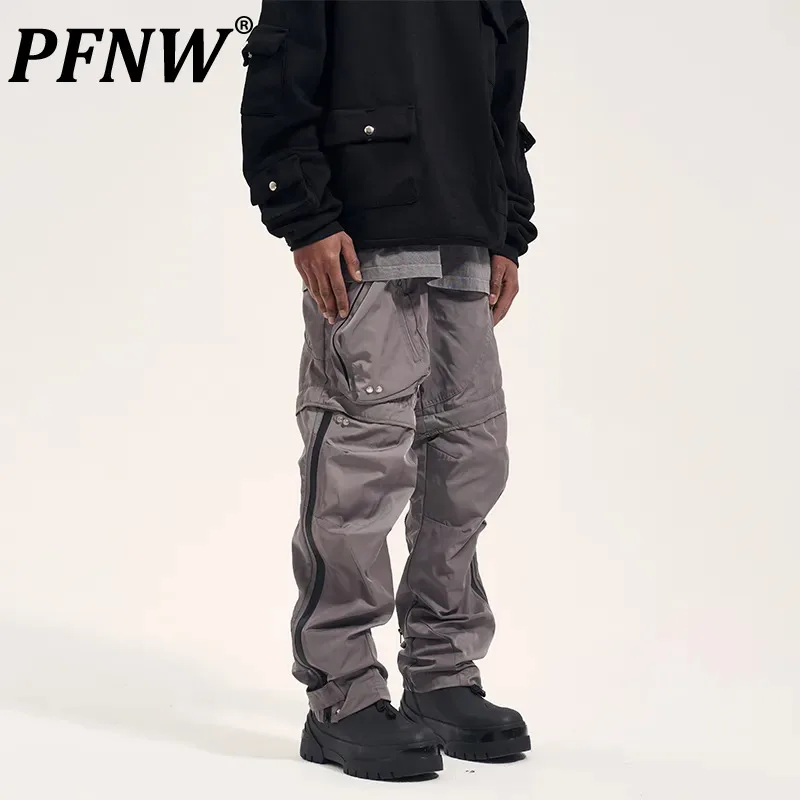 

PFNW High Street Men's Zipper Spliced Tech Wear Casual Pants Safari Style Multi Pocket Male Straight Trousers Autumn New 28W1775