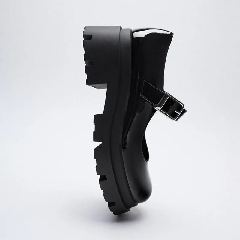 TRAF Black Shoes For Women High Heels Fashion Round Toe Mary Jane Women Patent Faux Leather Student Shoes Platform Girl Heels