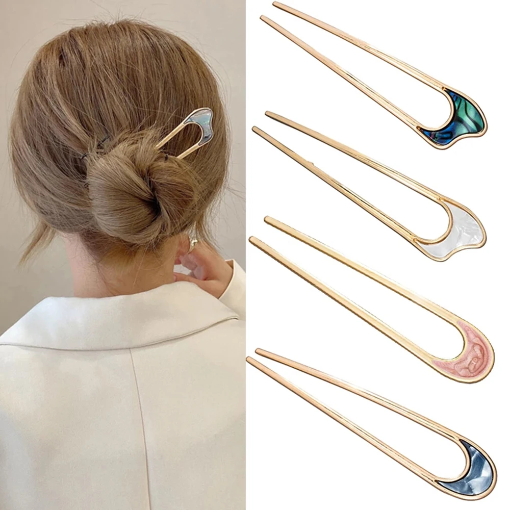 

Fashion Headwear Metal U Shape Hair Stick For Women Silver Gold Color Elegant Shell Enamel Hairpip Girl Hair Accessories
