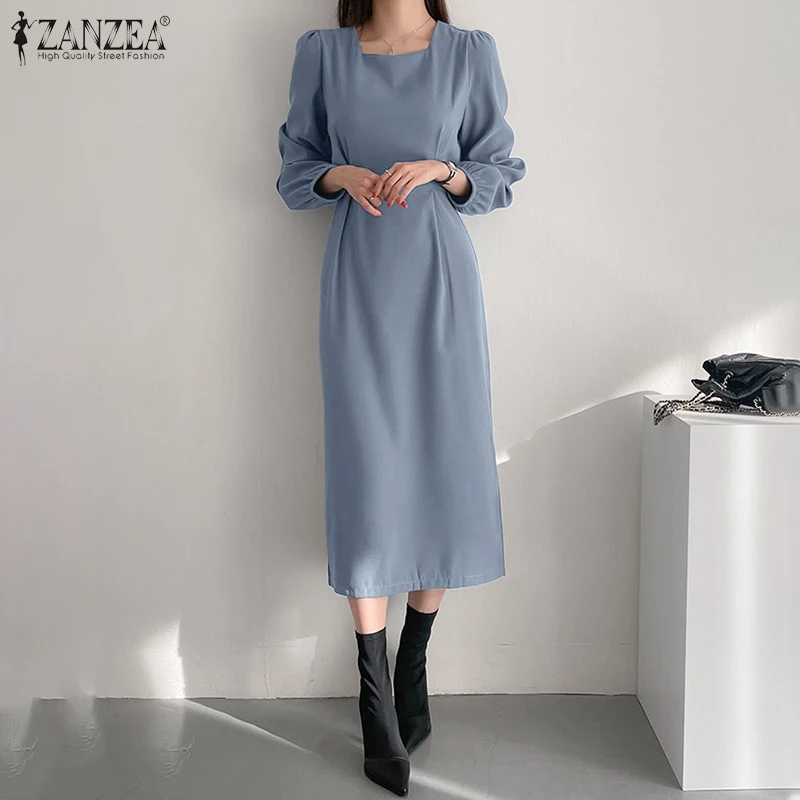

Solid Color Sundress Work OL Holiday Elegant Fashion Loose Vestidos ZANZEA Women Spring Long Sleeve Dress A-line Square collar