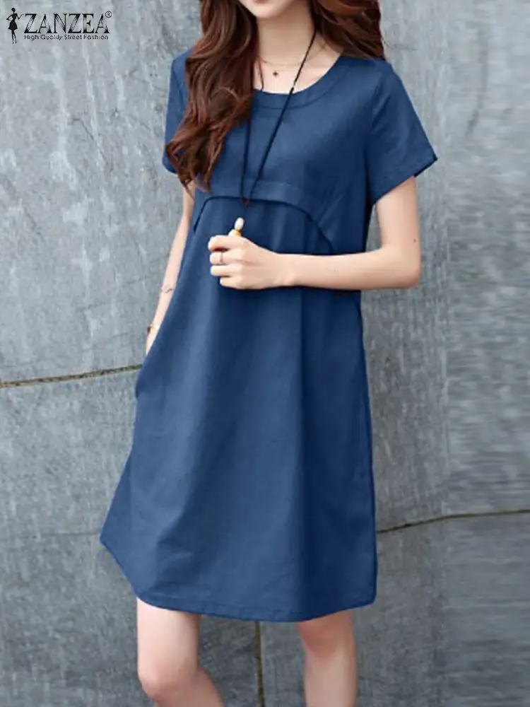 

Платье ZANZEA женское оверсайз, стильный праздничный Однотонный сарафан с коротким рукавом и круглым вырезом, повседневная одежда до колен, ле...