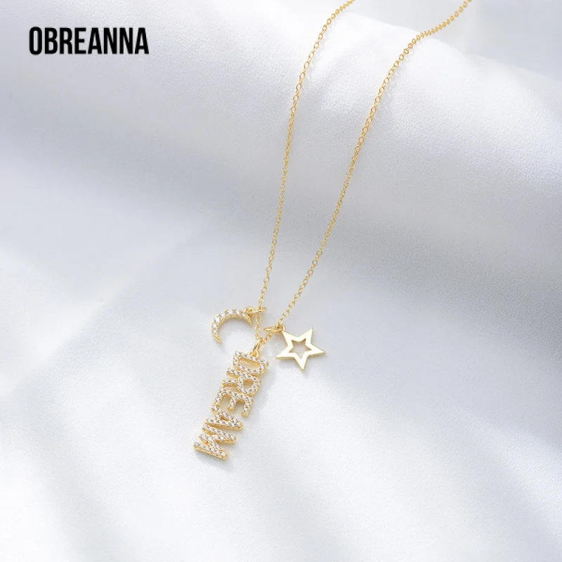 

S925 Silver English Letter Dream Diamond-Studded Necklace Female Moon and Star Pendant Zircon Classic Style Unique Design Charm