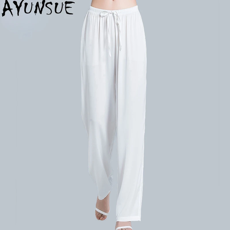 AYUNSUE High-end Silk Pants Women High Waist Summer White Pants Thin Wide-leg Pants Mulberry Silk Loose Trousers Casual Pants