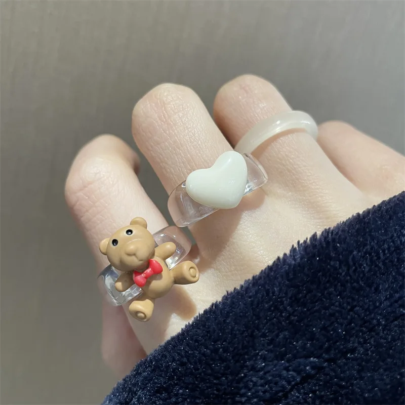 

3pcs Cute Acrylic Resin Little Bear Love Heart Ring for Women Trend Korean Transparent Y2K Ring Female Jewelry Friend Gifts