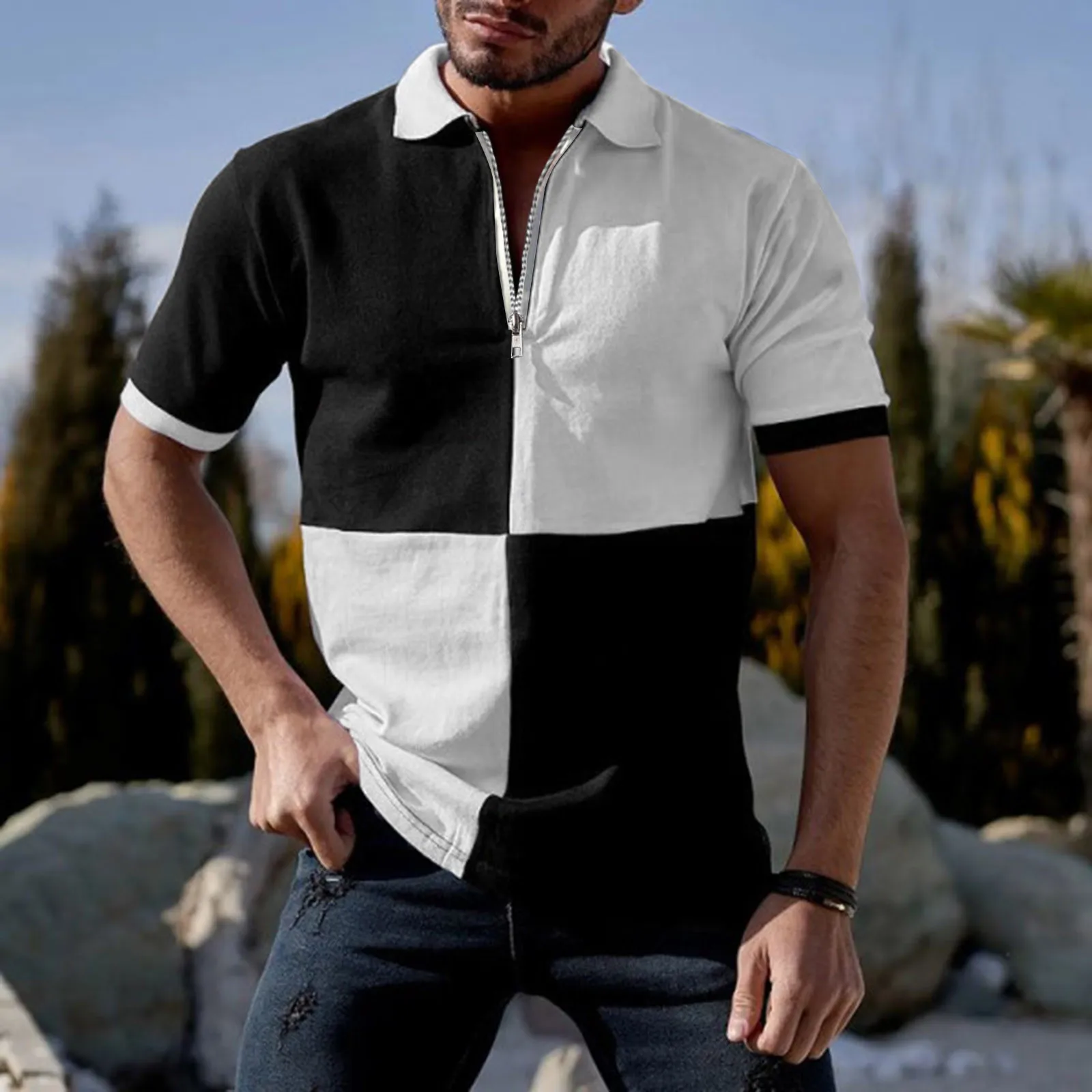 

2022 t-shirts wolfs Men Spring And Summer Fashion Loose Lapel Zipper Short Sleeve Top T Shirt Shirt Top