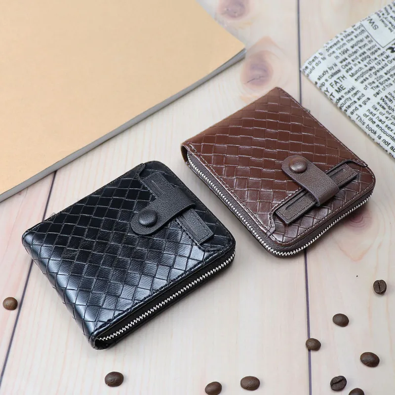 

New Men's Short Wallet Zipper Fashion Retro Wallet Woven Pattern Casual Large-capacity Card Wallet