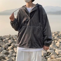 mens fashion half button corduroy hooded pullover hoodie spring and autumn harajuku style loose versatile casual jacket
