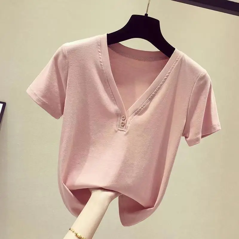 

Модная облегающая женская Однотонная футболка с коротким рукавом, Летний Новый облегающий короткий топ с V-образным вырезом