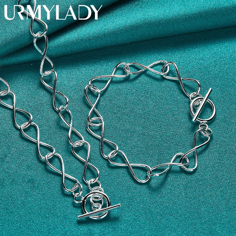 

URMYLADY 925 Sterling Silver 8-Word Chain Necklace Bracelet Set For Women Wedding Party Fashion Charm Jewelry