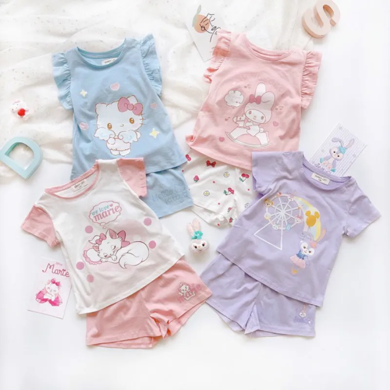 

Children's Cartoon 2pc Set Pajamas For Girl’s Summer Cotton Sleepwear Cute Robe Suit Short Sleeve Home Clothes Child Bathrobe