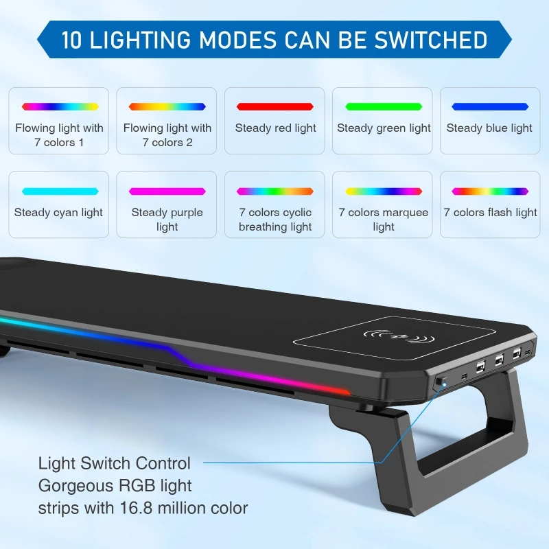 Подставка для компьютера с беспроводной зарядкой и подсветкой RGB Подставка для монитора Офисная док-станция Многофункциональный складной настольный органайзер (art.: 3920cf3e6bf83) - 3920cf3e6bf83
